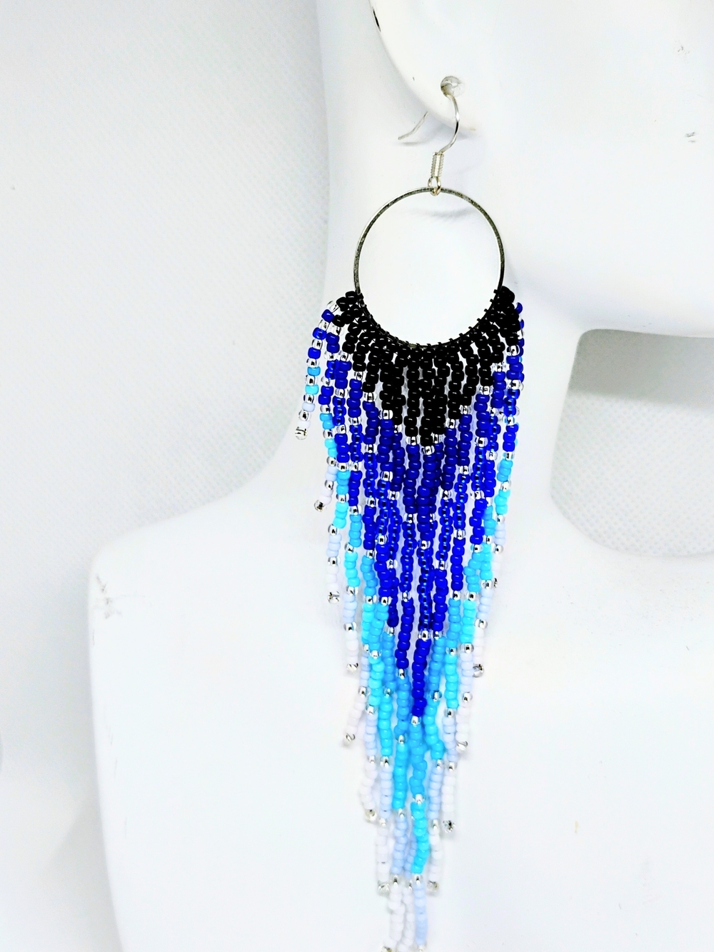 Hand Crafted Blue and Black Beaded Fringe Hoop Earrings - Picture 1 of 1